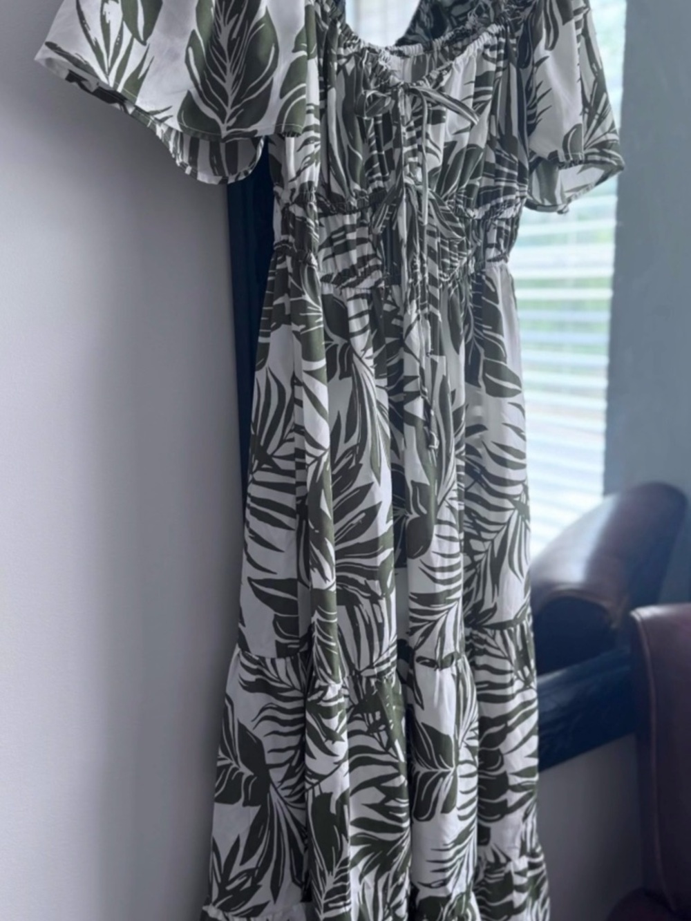 White and Olive Green plant 🪴 Print Dress